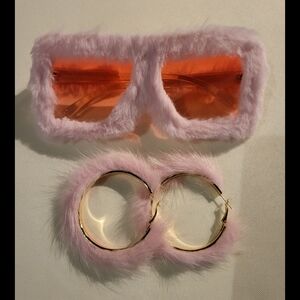 Pink Furry Sunglasses and Hoop Earrings Set